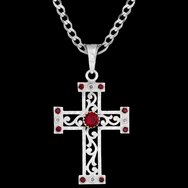 Judges, Silver-plated cross, 1.6"x2.3" with hand engraving, scrollwork, and Cubic Zirconias! 